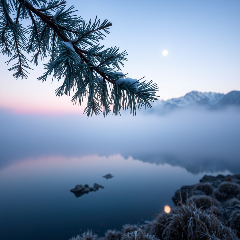 Serene Winter Scene with a Frost-covered Pine Branch