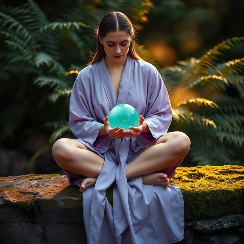Serene Woman in a Lavender Linen Robe Sits Cross-legged...