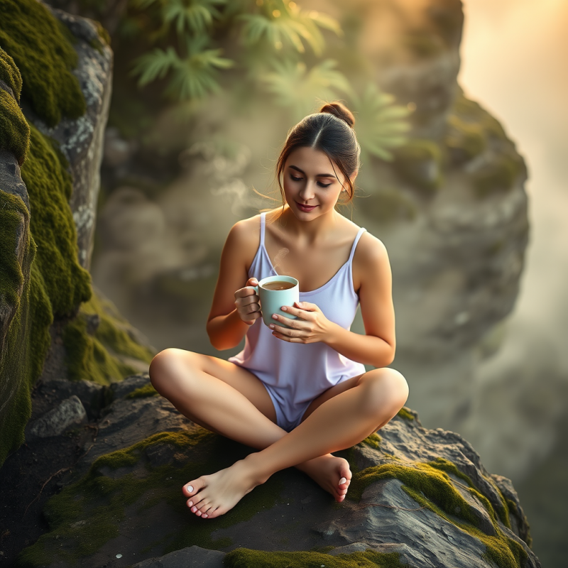 Serene Woman in a Pastel Lavender Tank Top Sits Cross-l...