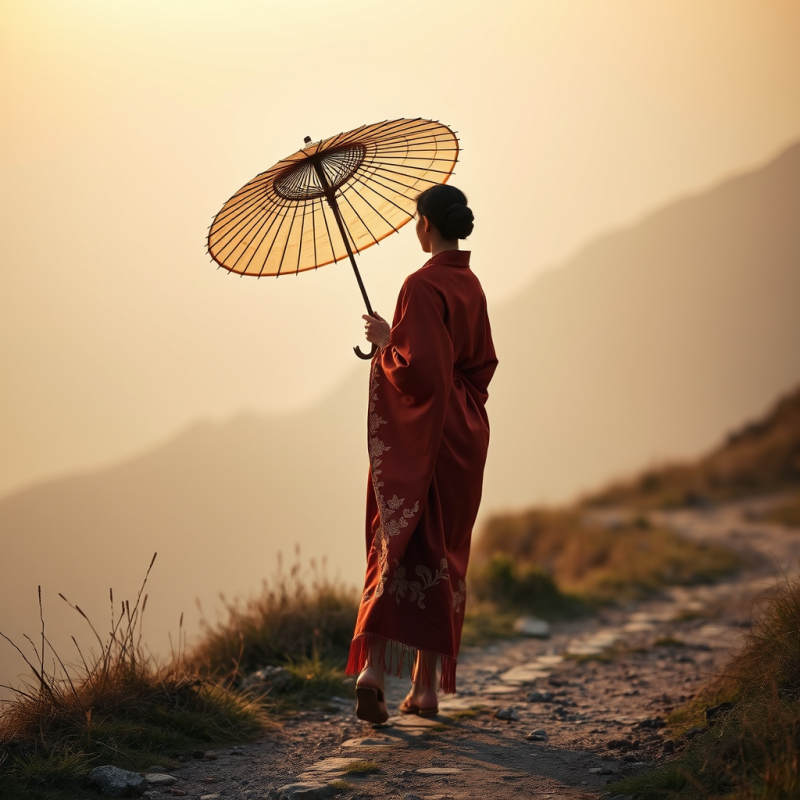 Serene Woman in a Red Kimono Holding a Traditional