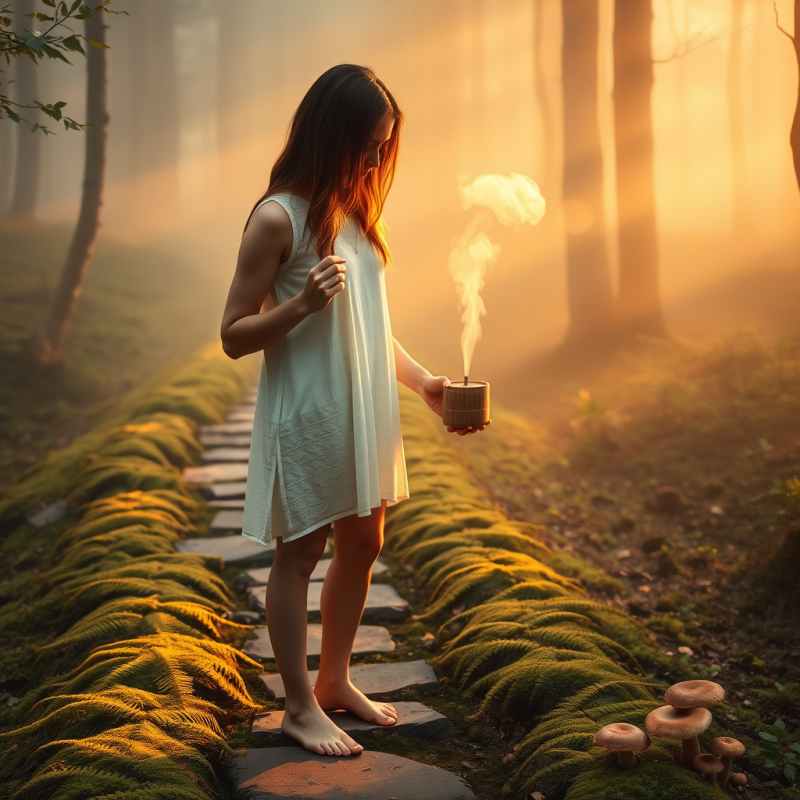 Serene Woman in a White Dress Stands Barefoot on a