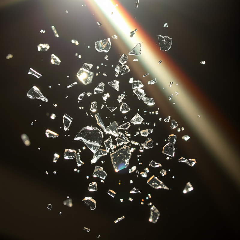 Shattered Glass Fragments Suspended in Mid-air Reflecting...