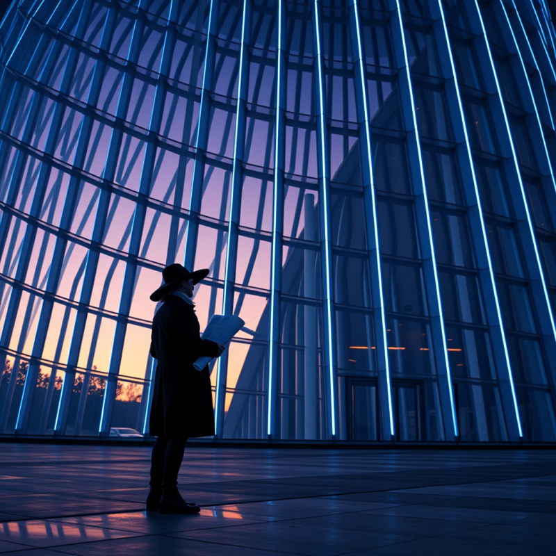 Silhouetted Person in a Hat Reads a Document Against