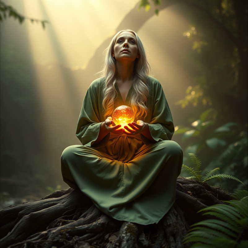 Silver-haired Woman in a Flowing Moss-green Robe Sits C...