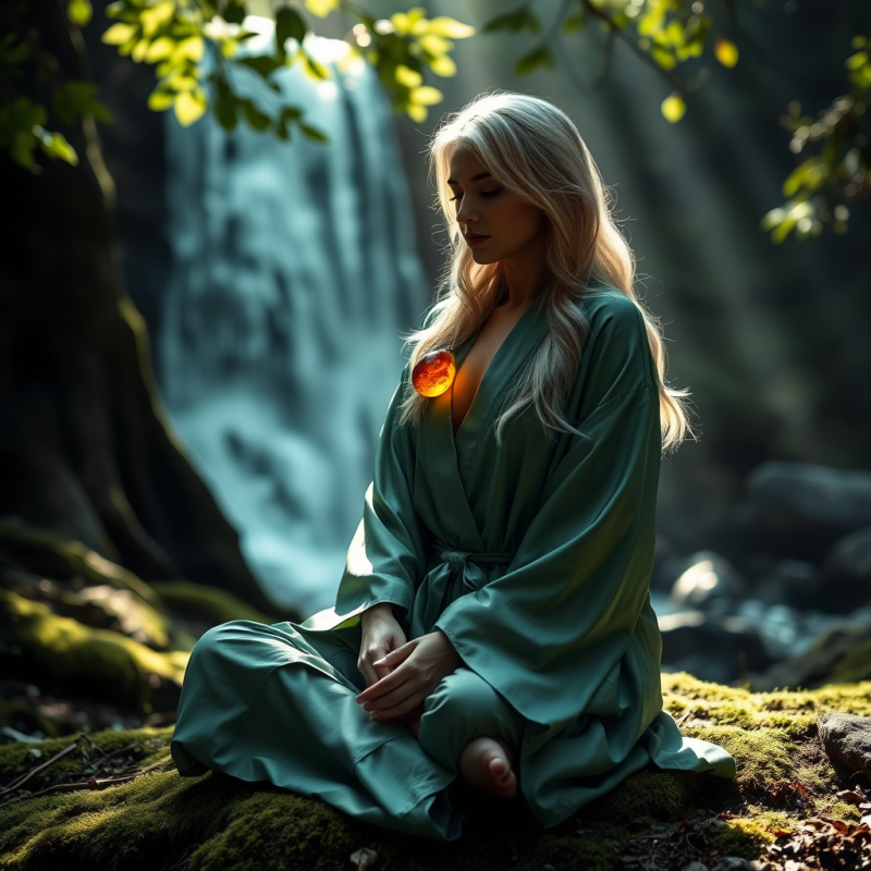 Silver-haired Woman in a Jade-green Silk Robe Gently Ba...