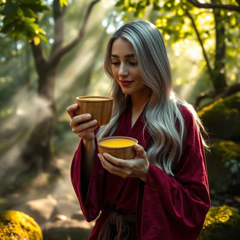 Silver-haired Woman in a Velvet Robe Sips Golden Turmer...
