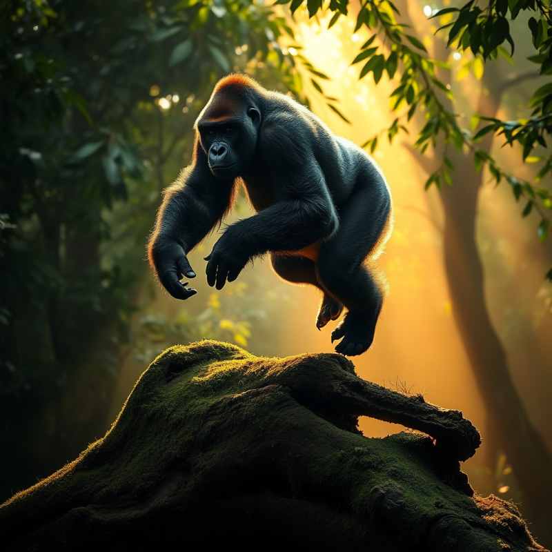 Silverback Gorilla in Mid-leap Across a Moss-covered Tr...