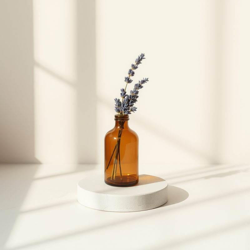 Single Amber Glass Vase with One Dried Lavender Stem
