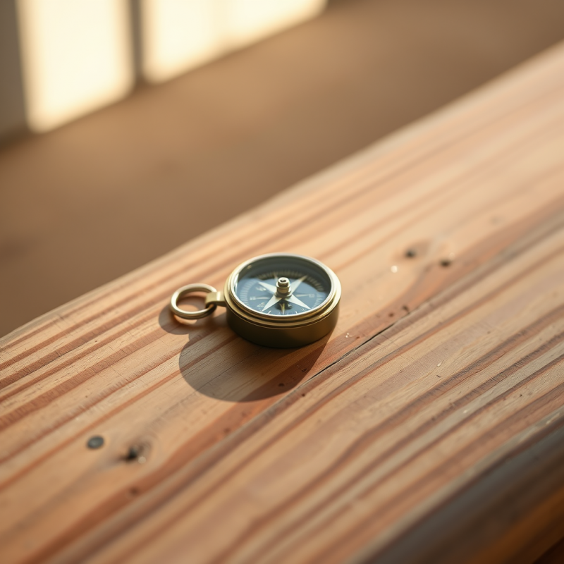 Single Brass Compass Rests on a Weathered Pine Board Un...