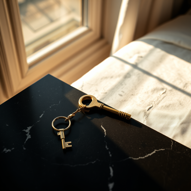 Single Brass Key Resting on a Matte Black Marble Surface