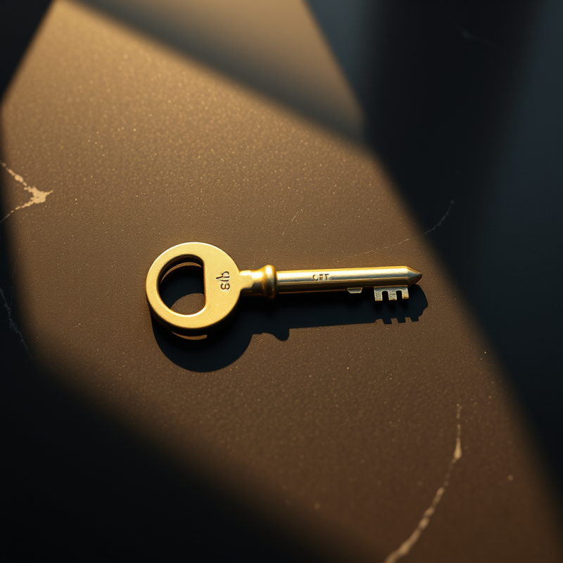 Single Brass Key Rests on a Matte Black Marble Surface