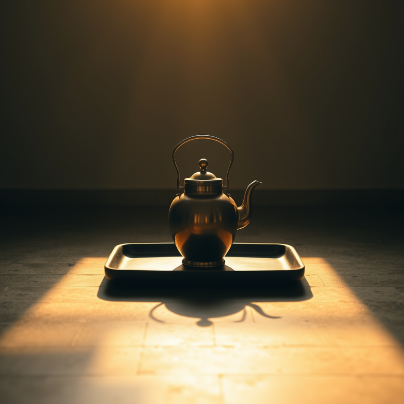 Single Brass Teapot Rests Center-stage on a Matte Black...