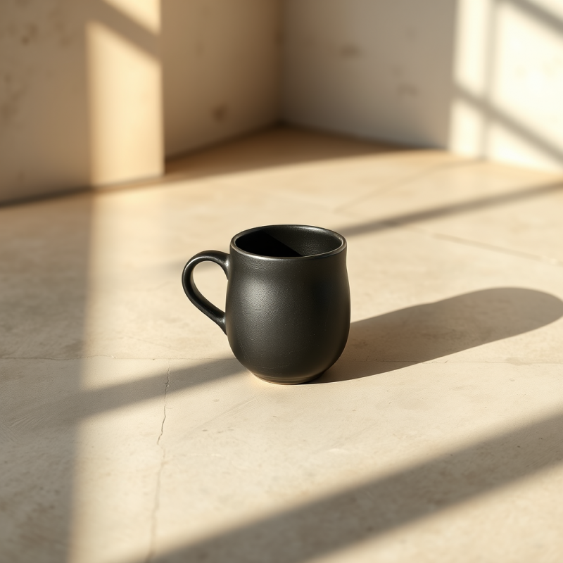 Single Ceramic Mug with Matte Black Glaze Sits Centered...