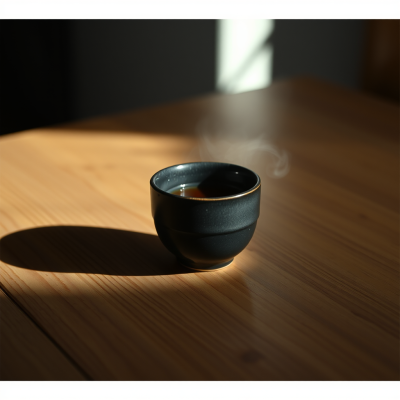 Single Ceramic Teacup with Matte Black Glaze Rests on A...