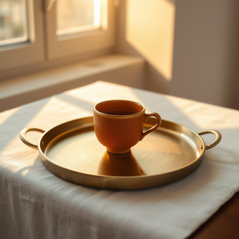 Single Ceramic Teacup with Matte Ochre Glaze Sits Cente...