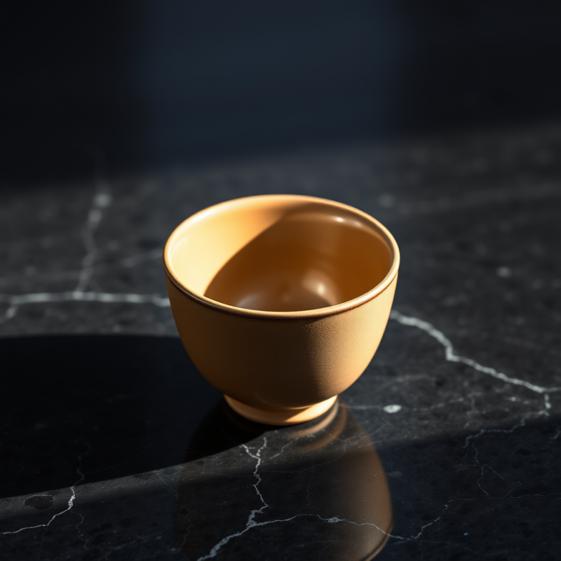 Single Ceramic Teacup with Matte Taupe Glaze Sits Cente...