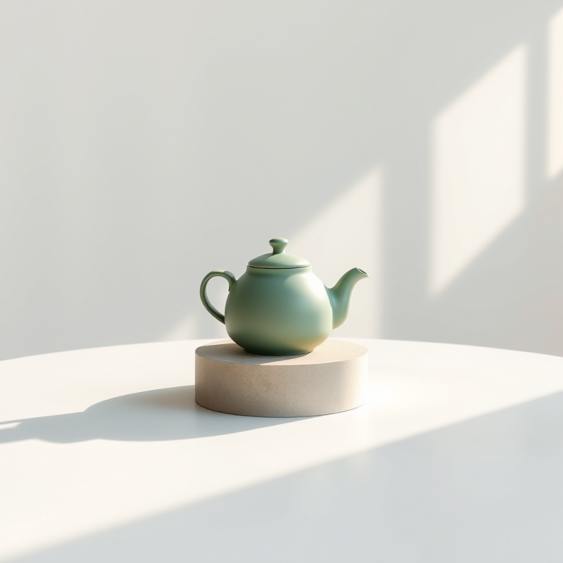 Single Ceramic Teapot in Matte Sage Green Sits Centered...