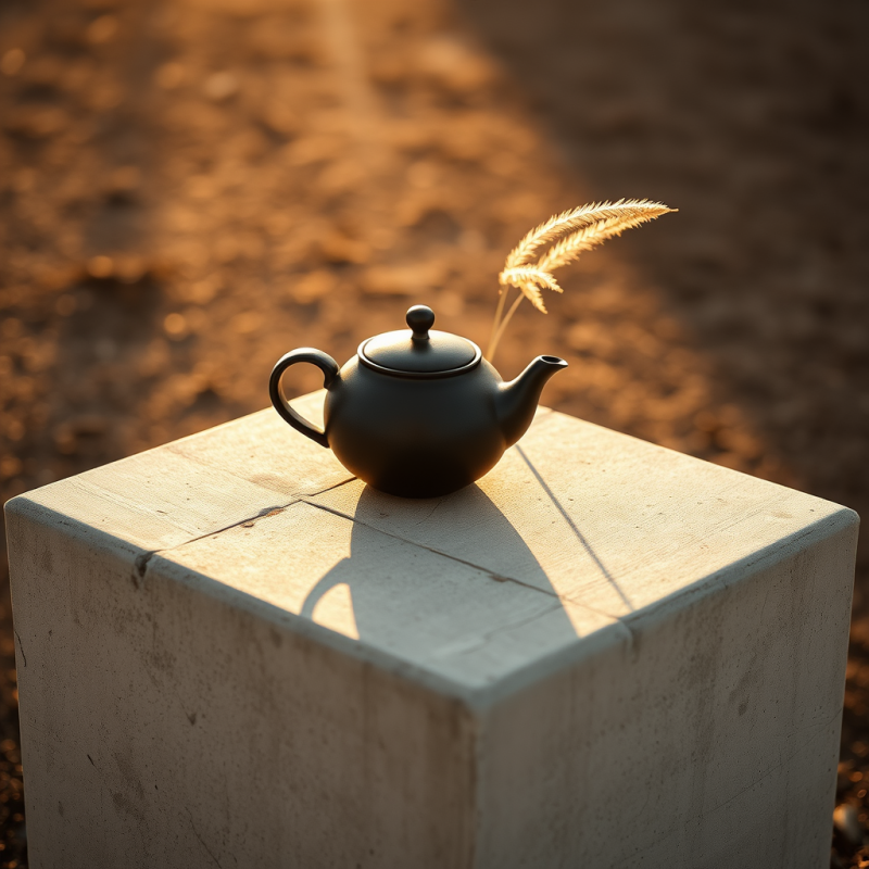 Single Ceramic Teapot with Matte Black Glaze Sits Cente...