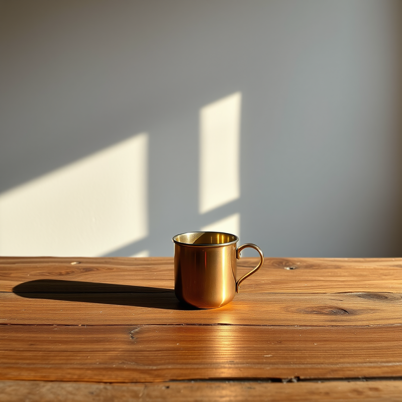 Single Copper Espresso Cup Rests on a Weathered Oak Tab...