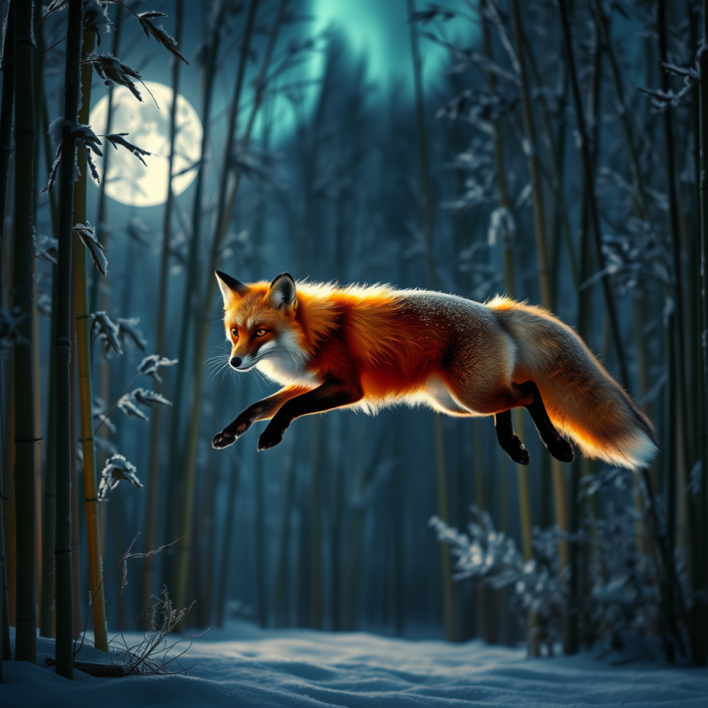 Single Crimson-hued Fox Mid-leap Across a Moonlit