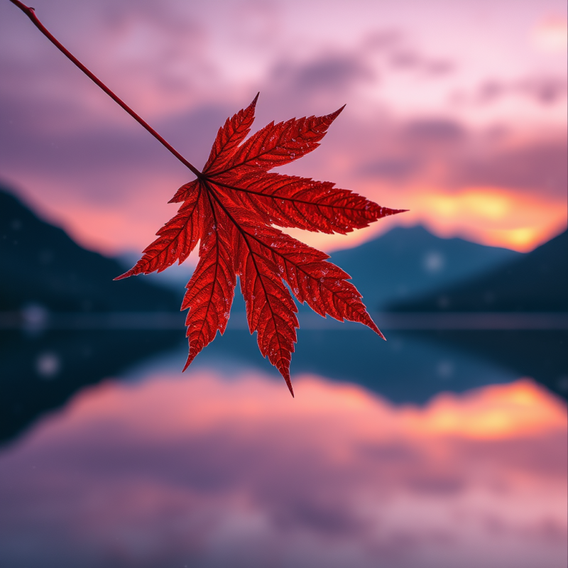 Single Crimson Japanese Maple Leaf Trembling Mid-air Ab...