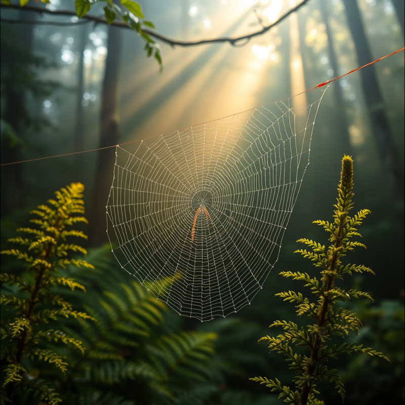 Single Dew-covered Spiderweb Glistens Like Shattered St...
