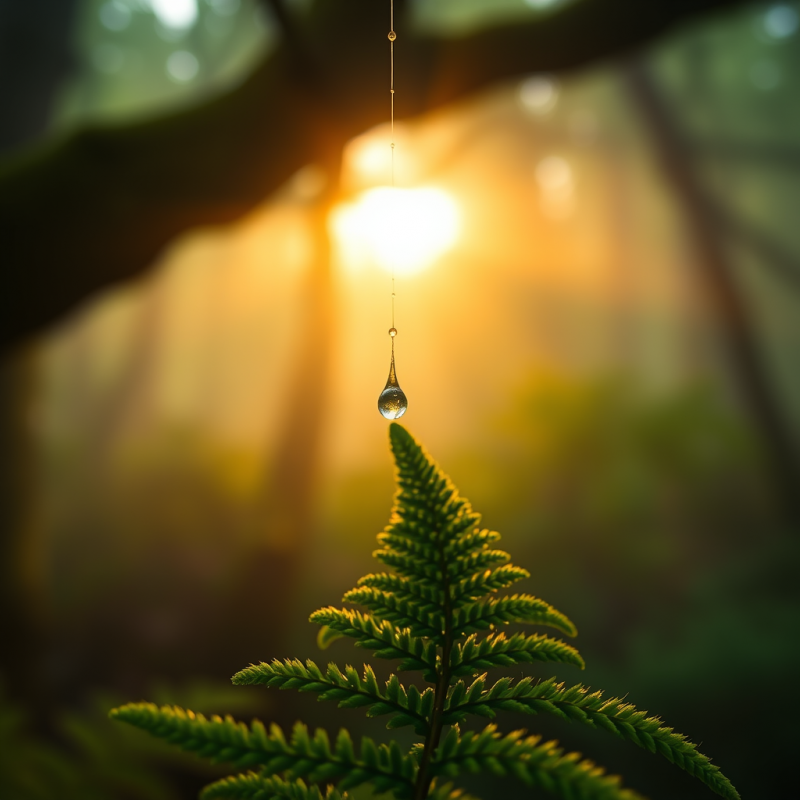 Single Dewdrop Hangs from a Fern Frond, Catching