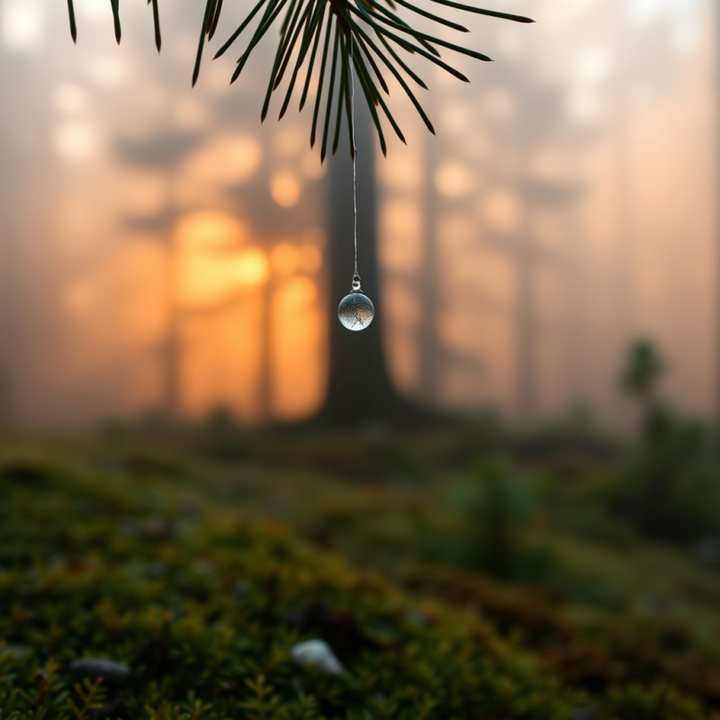 Single Dewdrop Hangs from a Pine Needle, Reflecting