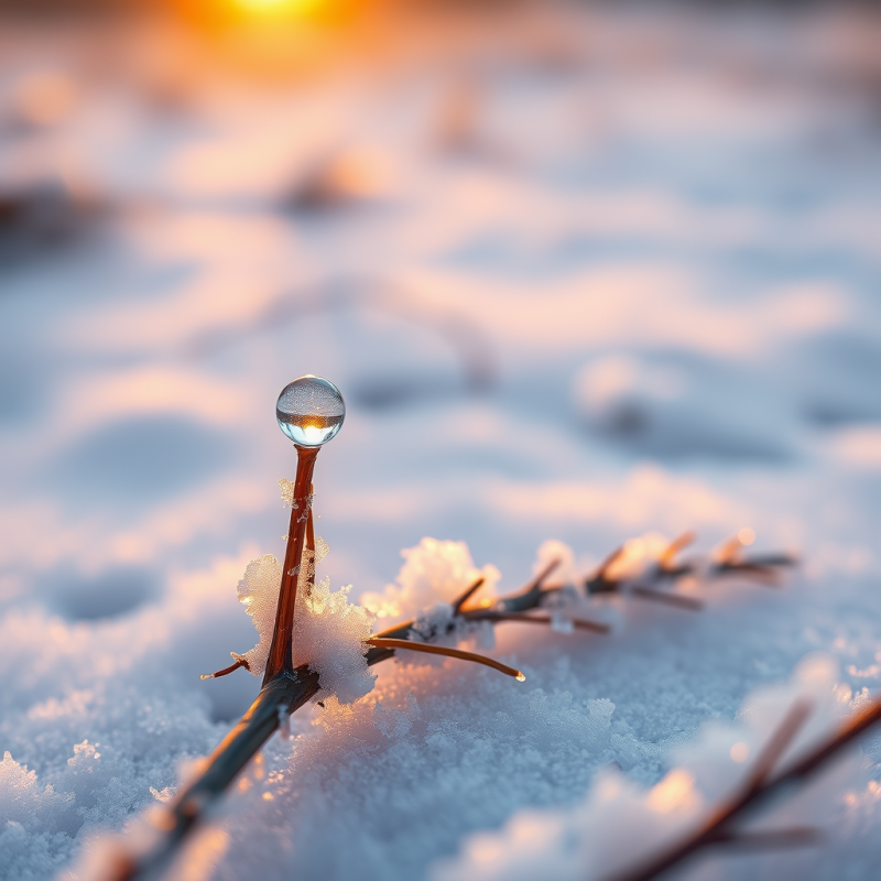 Single Dewdrop on a Snow-dusted Twig Captures the