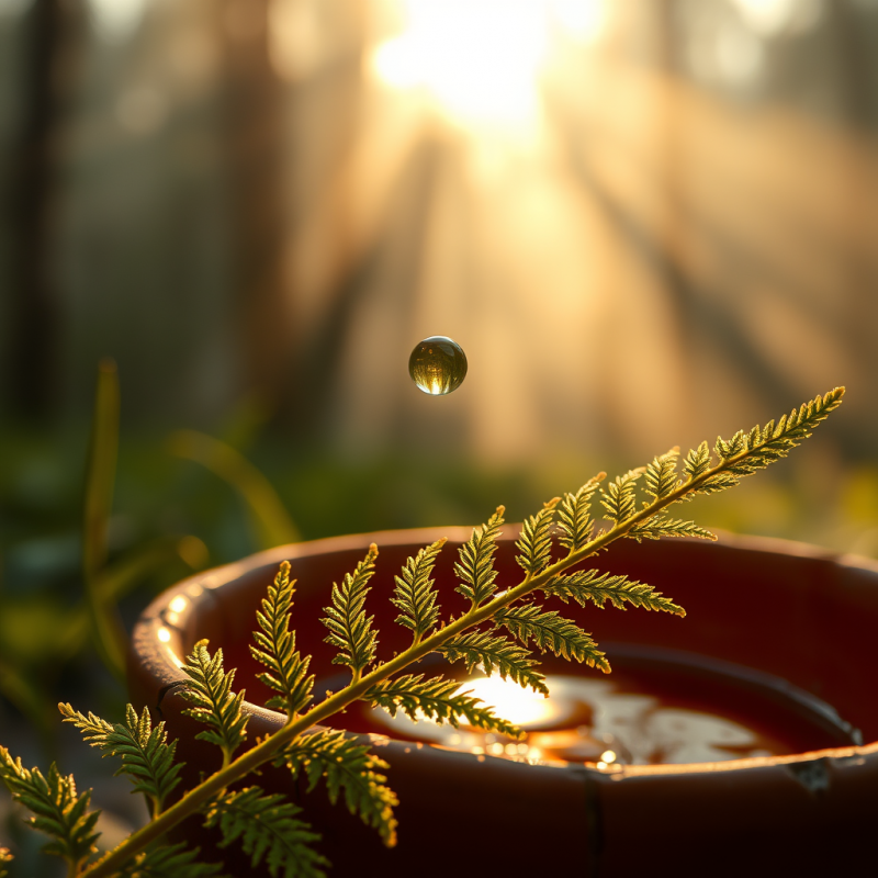 Single Drop of Glowing Amber Liquid Suspended Mid-air A...