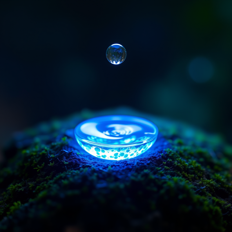 Single Droplet of Glowing Blue Liquid Suspended Mid-air...
