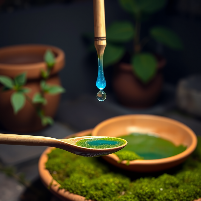 Single Droplet of Glowing Blue Spirulina Smoothie Hover...