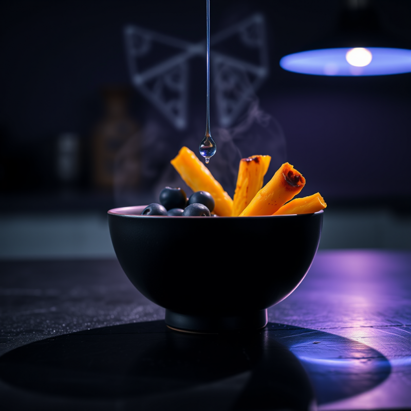 Single Droplet of Glowing Blueberry Syrup Hangs Mid-air...