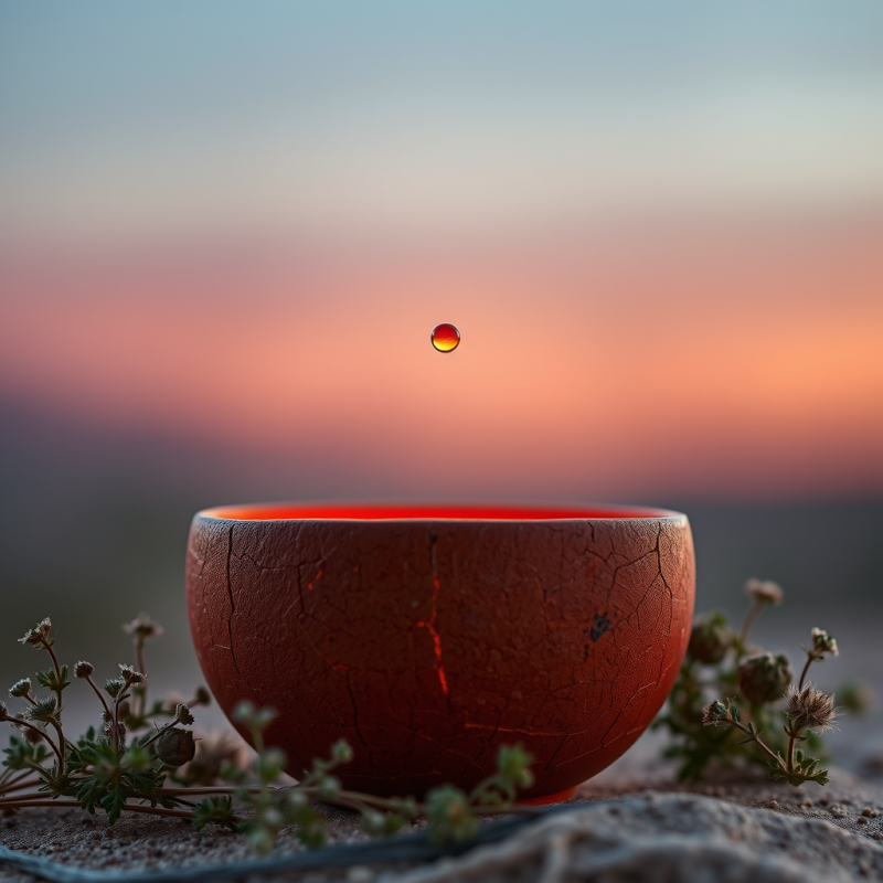 Single Droplet of Shimmering Amber Liquid Suspended Mid...
