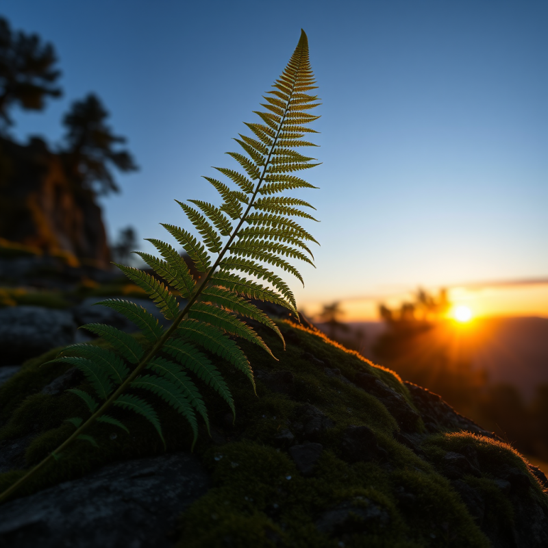 Single Fern Frond Illuminated by Golden Sunset