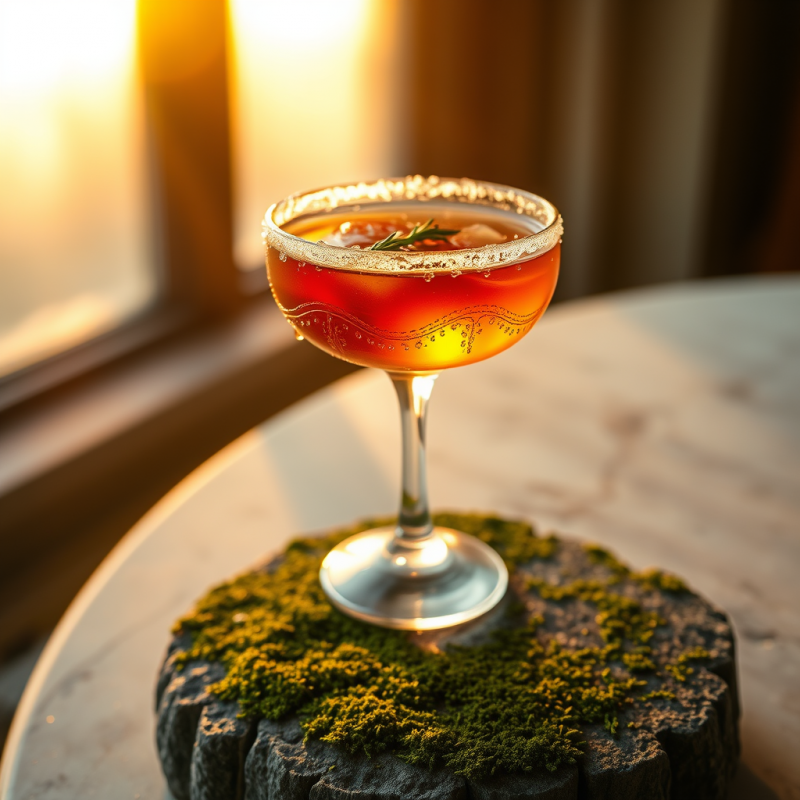 Single Glowing Amber Cocktail in a Hand-blown Glass Sit...