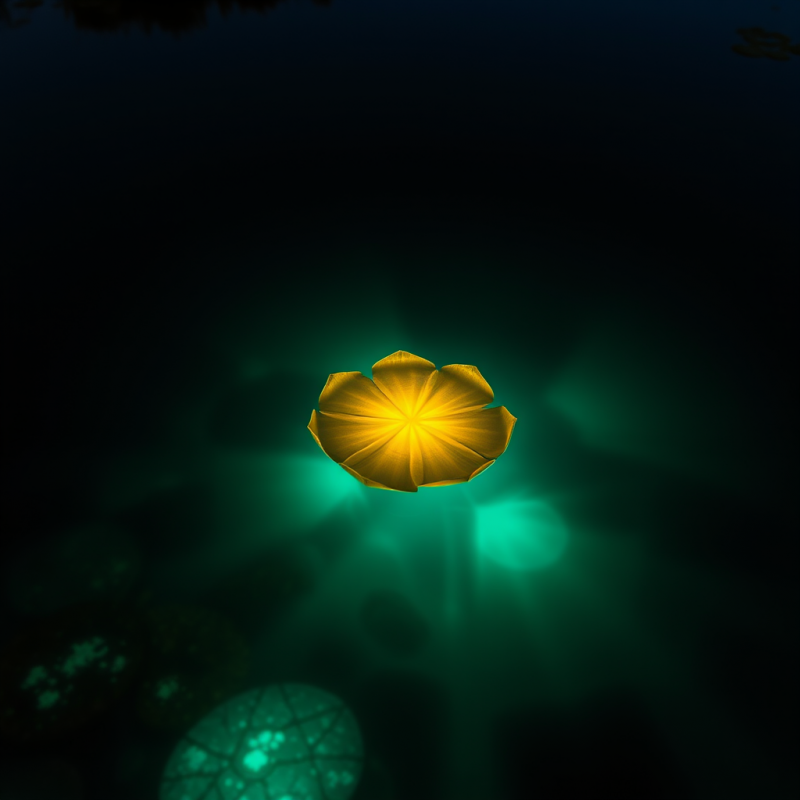 Single Glowing Amber Lilypad Floating on a Mirror-still...