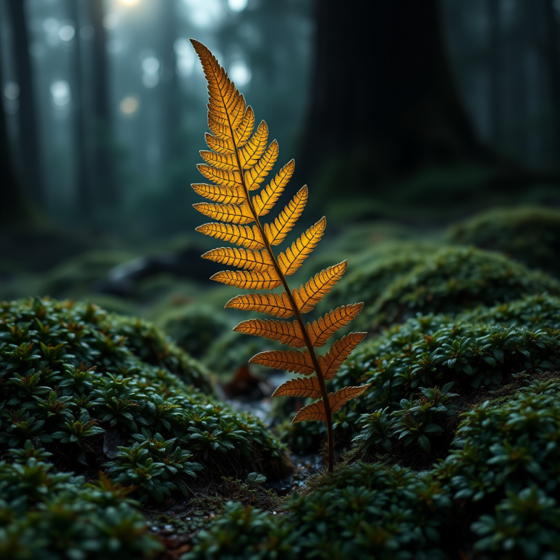 Single Glowing Golden Fern Stands Out Against a