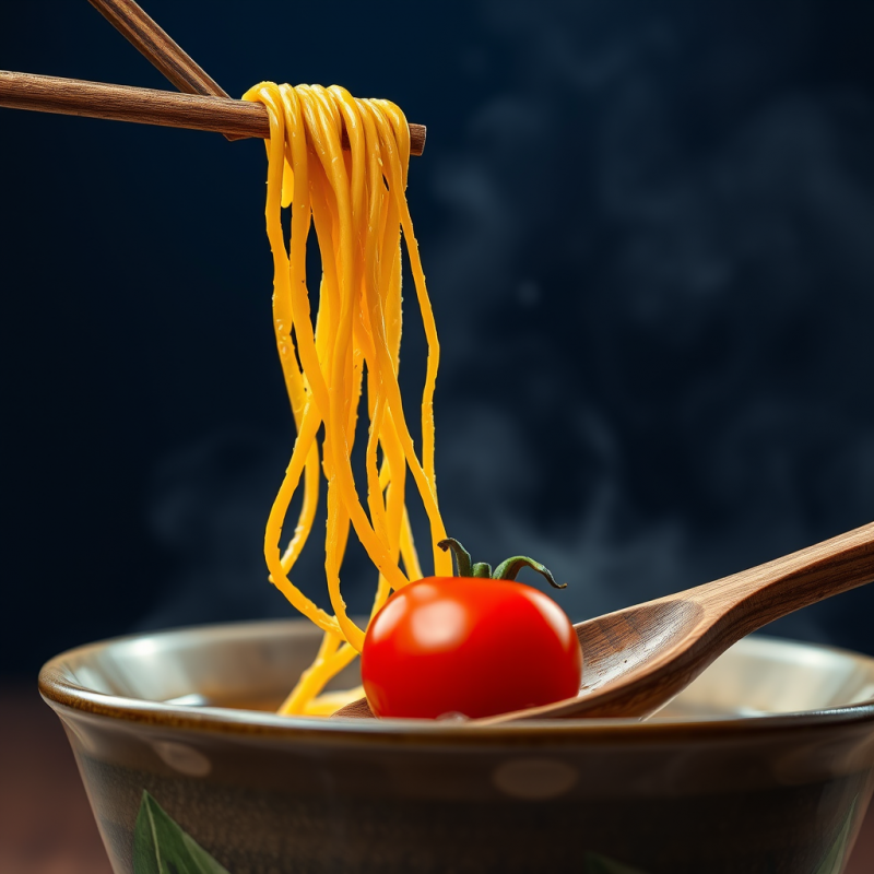 Single Glowing Golden Ramen Noodle Drapes Over the Rim ...