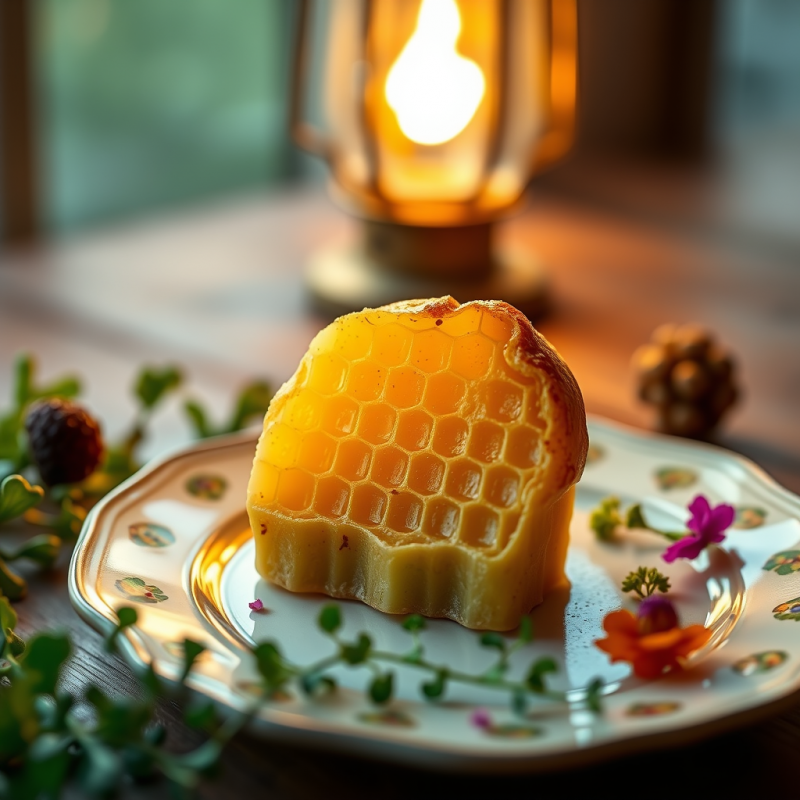 Single Glowing Honeycomb Slice of Artisanal Beeswax Soa...