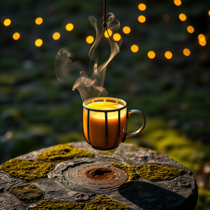 Single Glowing Lantern-shaped Mug of Golden Matcha Latte