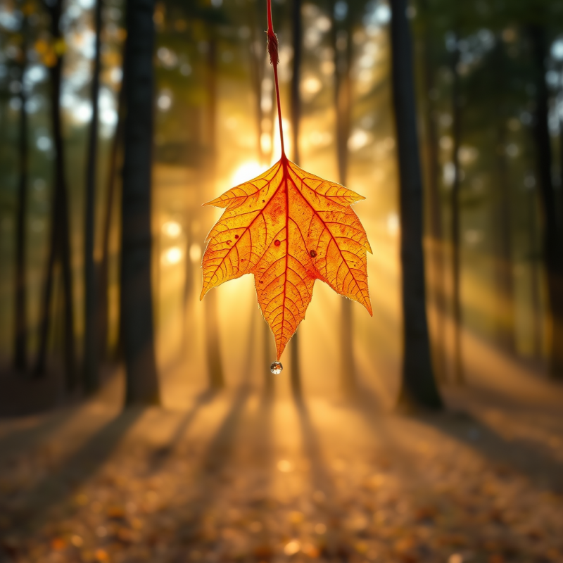 Single Glowing Maple Leaf Hangs Suspended, Catching