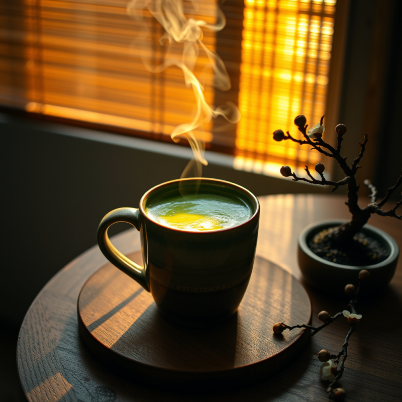 Single Glowing Matcha Latte in a Hand-thrown Ceramic Mug