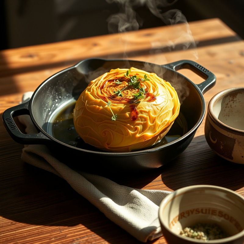Single Golden-brown Cabbage Core Steaming in a Cast-iro...
