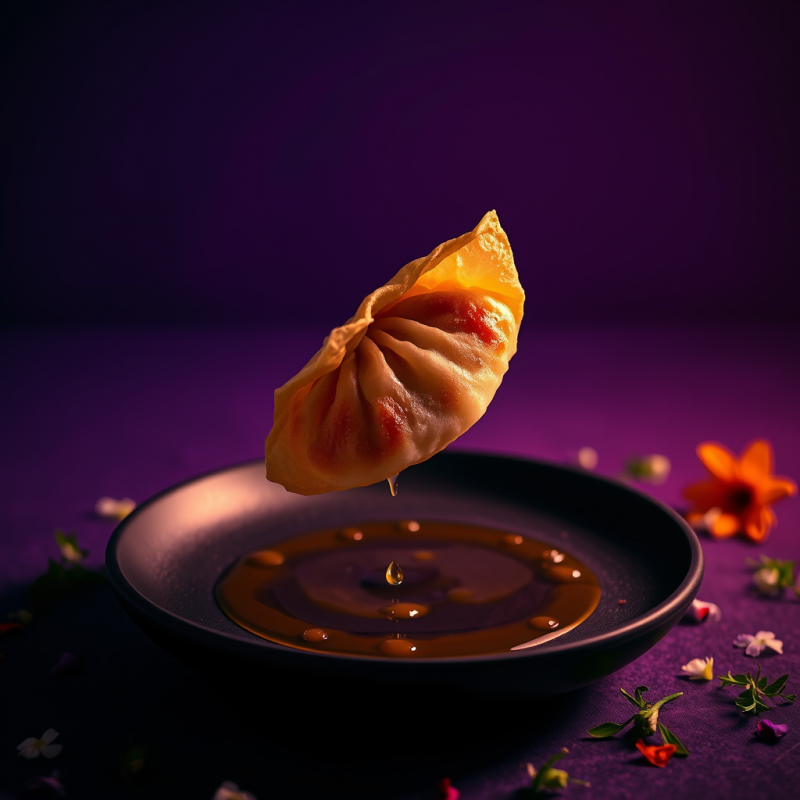 Single Golden-brown Crispy Dumpling Half-suspended in M...