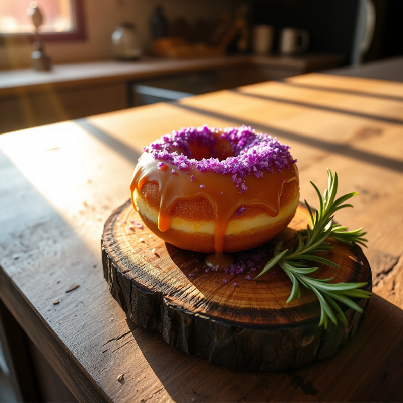 Single Golden-brown Cronut Dripping with Candied Violet...