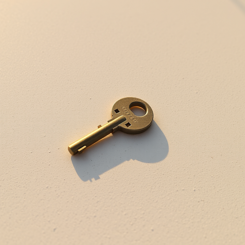 Single Golden Key Rests on a Textured Beige Surface,