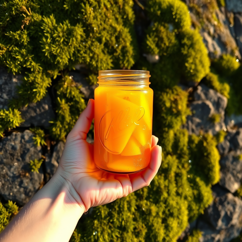 Single Hand Cradles a Glowing Amber Glass Jar Filled Wi...