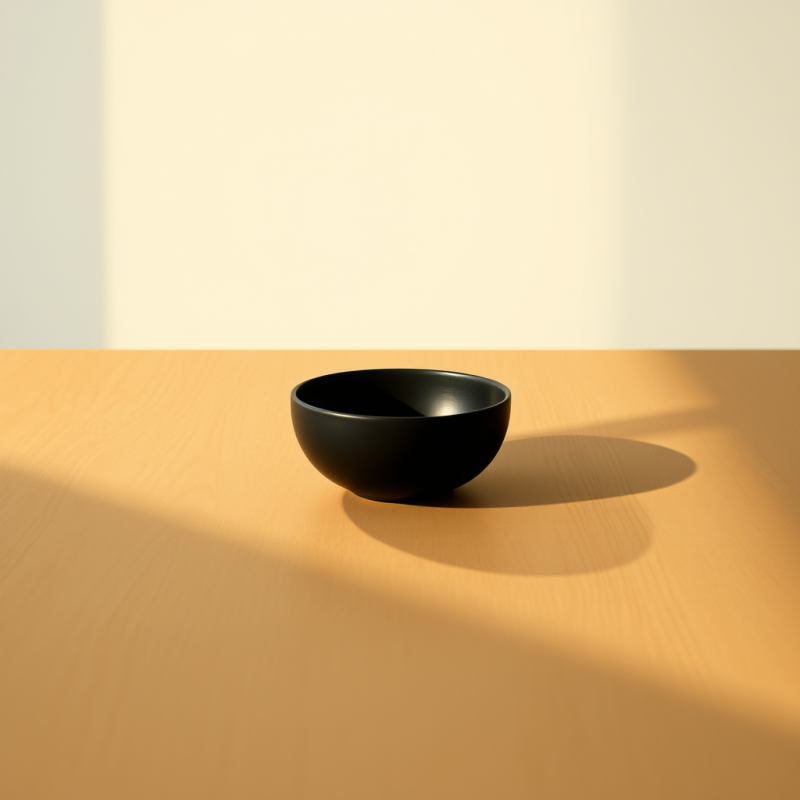 Single Matte Black Ceramic Bowl Rests Centered on a Lig...