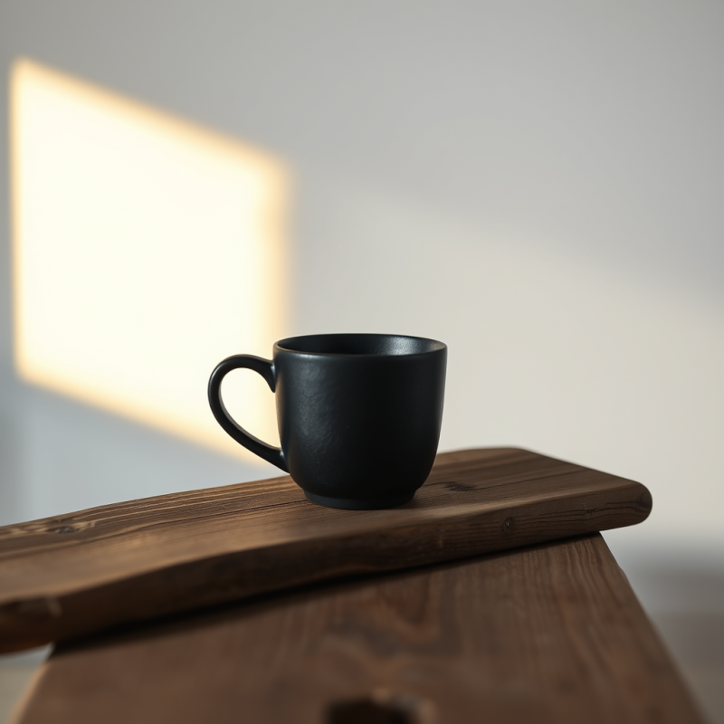 Single Matte Black Ceramic Coffee Cup Resting on a Weat...